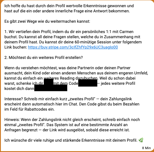 Die Nachricht von NUMA mit den beiden Möglichkeiten: 1:1 mit Carmen oder ein weiteres Profil
